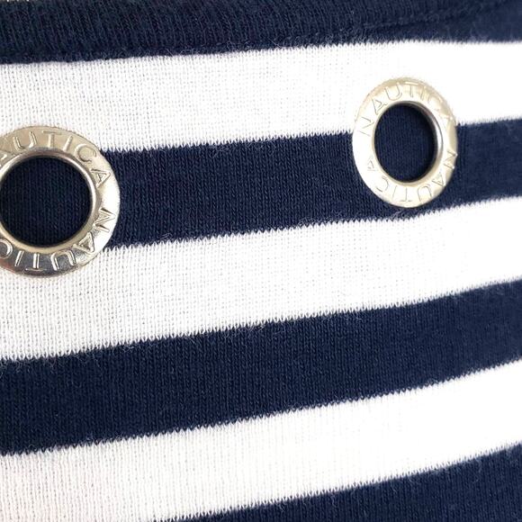 Nautical Navy & White Stripe Nautical Preppy Top Metal Logo Gromits Size Medium - Picture 2 of 5